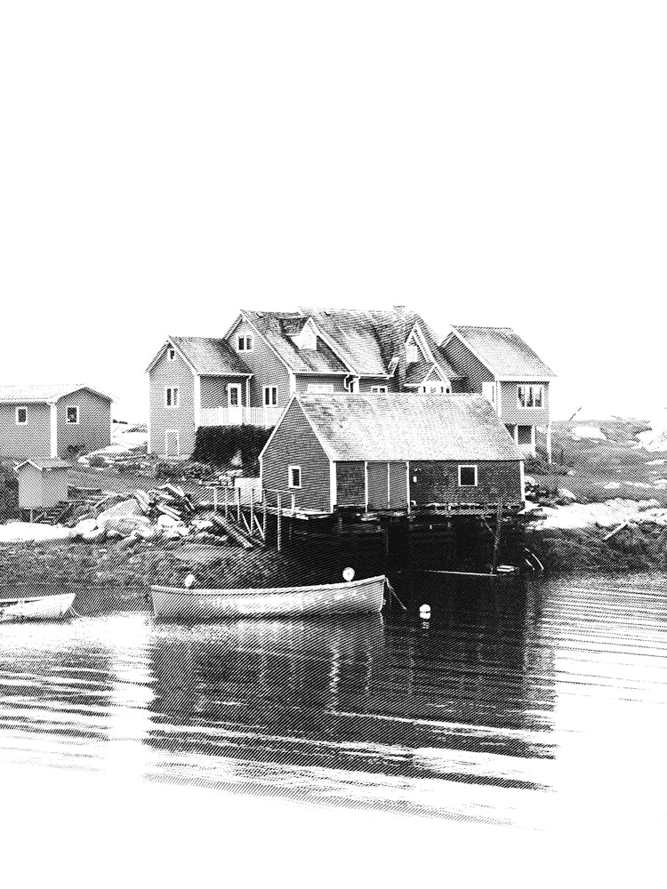 Peggy's Cove Nova Scotia Canada Black And White Minimalist Boho of a Serene Maritime Scenery in a Fishing Town on the coast of the ocean