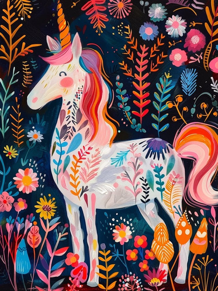 Floral Folky Unicorn In The Meadow 1
