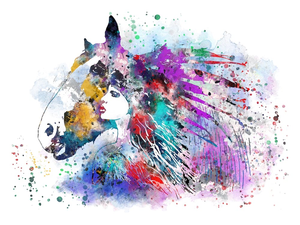 Indian Woman With Horse Watercolor