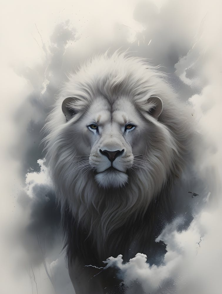 A majestic white lion with flowing, voluminous mane, set against a misty, ethereal background.