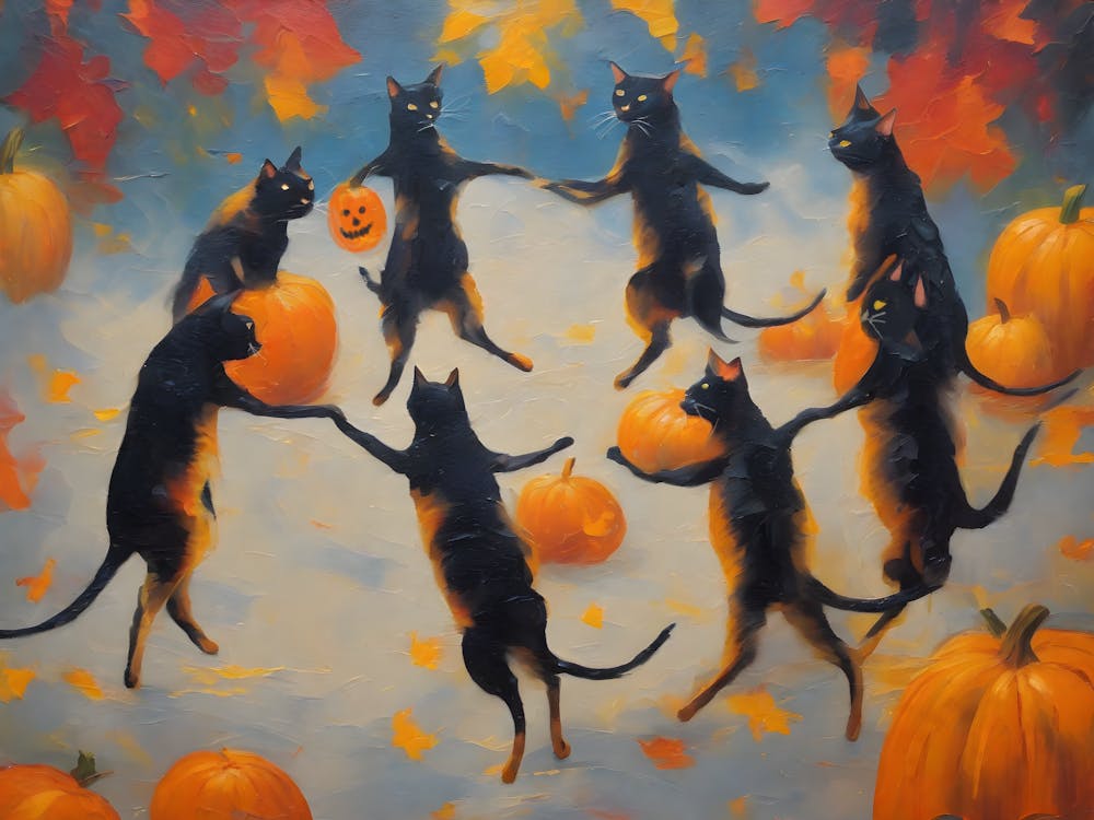 Black Cats Dancing With Pumpkins on Halloween - Witchy Fall Art of Vintage Whimsical Kitties Dance Carrying Jack O Lanterns Autumn Pagan Witchcraft Whimsy Folk Art For Cat Lover, Cat Moms Funny and Cute HD