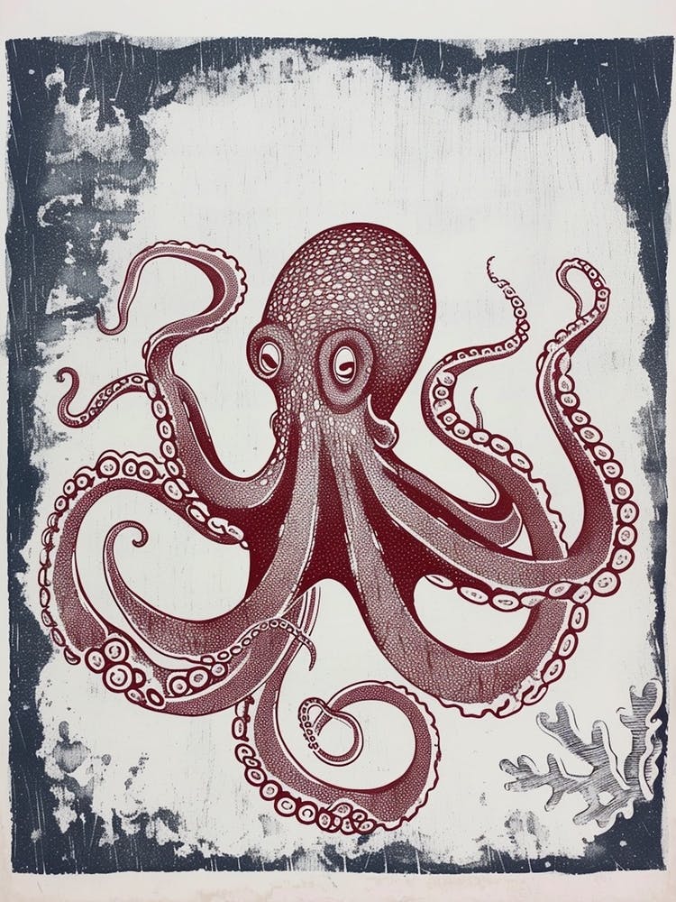 Octopus Linocut Style With Aqua Marine Plants 8