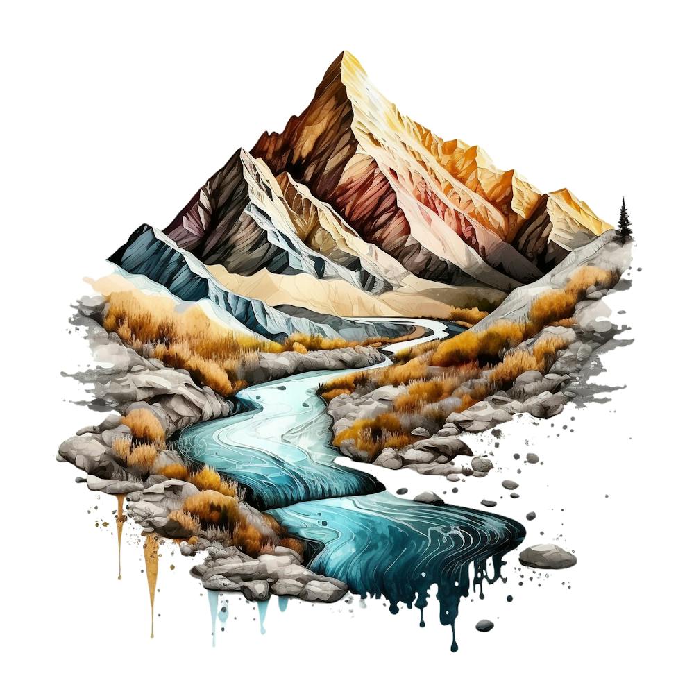 Watercolor Of Mountains And River 3