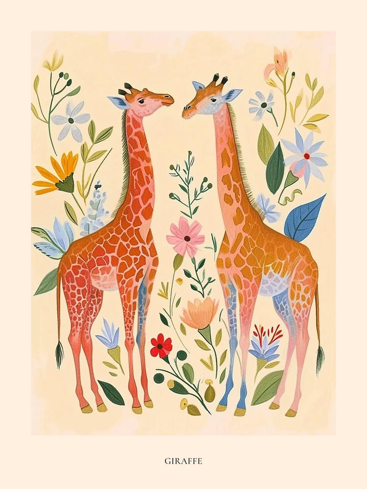 Folksy Floral Animal Drawing Giraffe 3 Poster
