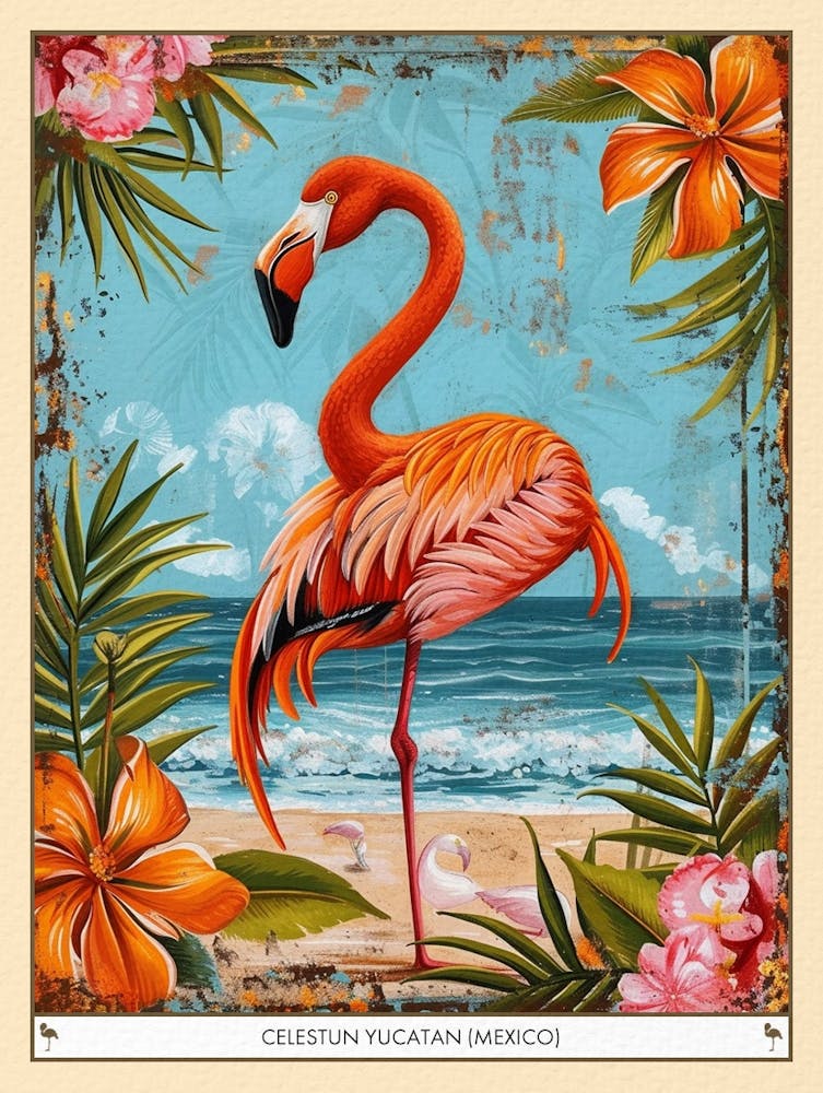 Greater Flamingo Celestun Yucatan Mexico Tropical Illustration 2 Poster