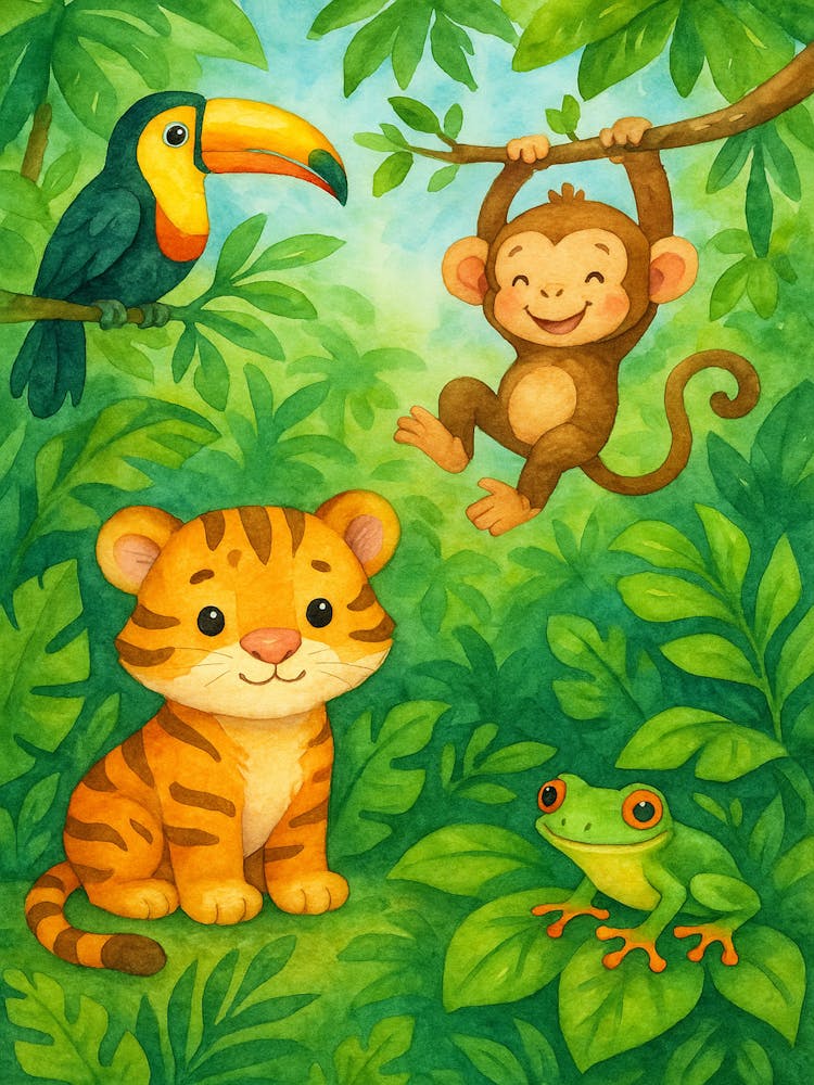 Dschungeltiere Wandkunst – Niedlicher Aquarell-Druck zum Ausdrucken für Kinderzimmer & Babyzimmer Deko