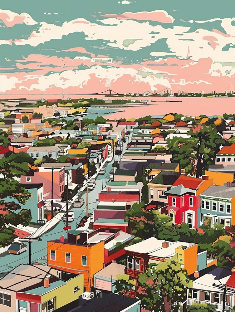 New Dorp New York Bunte Siebdruck-Illustration 3