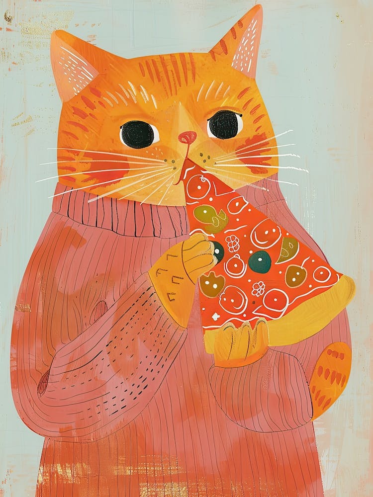 Glückliche orange Katze Pizzaliebhaber Folk Illustration 1