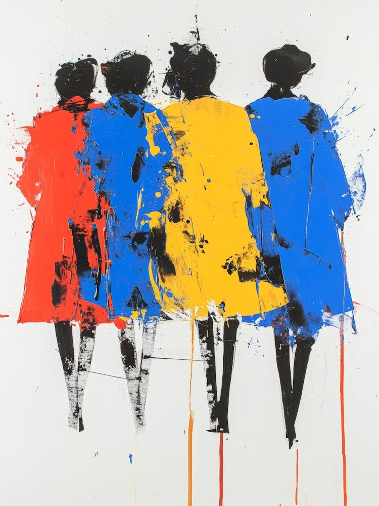 Three Women In Blue Coats