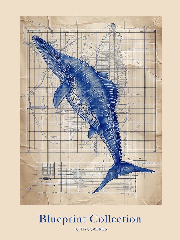 Icthyosaurus Dinosaur Blue Print Sketch 2 Poster