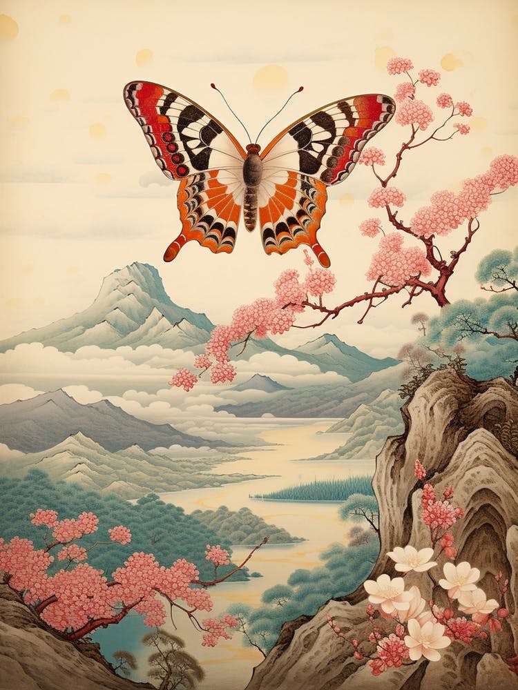 Butterfly With Beautiful Mountaneous Landscape Japanese Style Painting