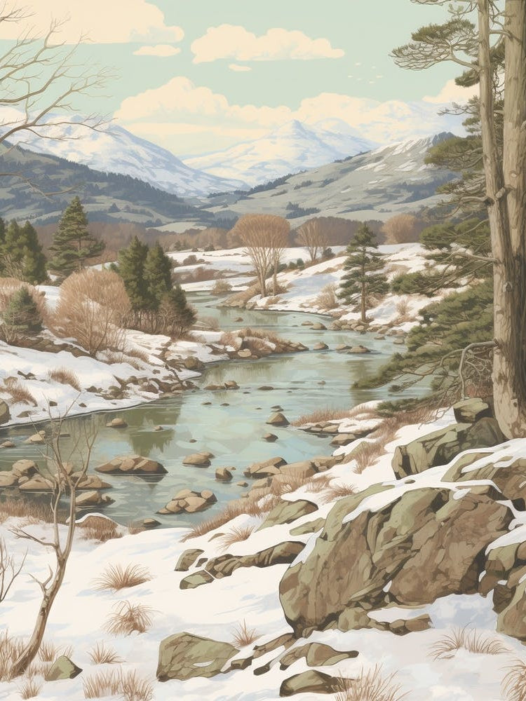 Vintage Winter Illustration Lake District United Kingdom 2