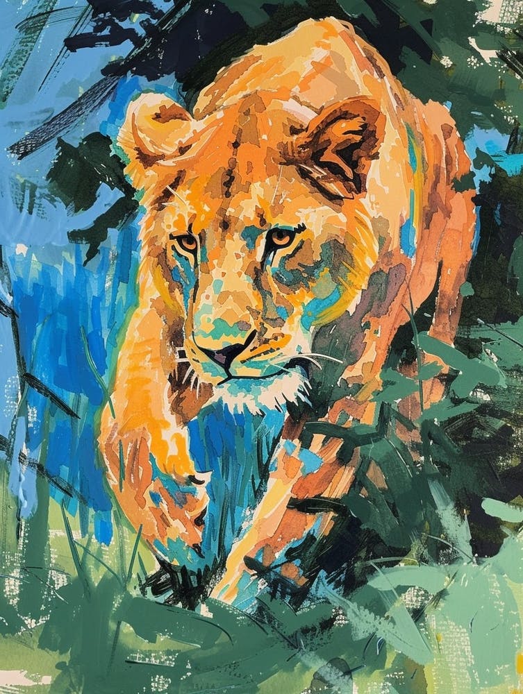 Asiatic Lion Lioness On The Prowl Fauvist Painting 3