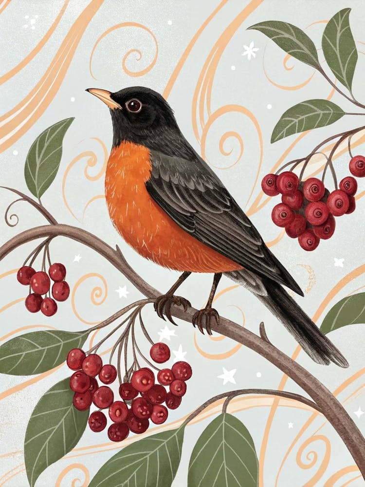 Vintage Bird Linocut European Robin 3 Canvas Print