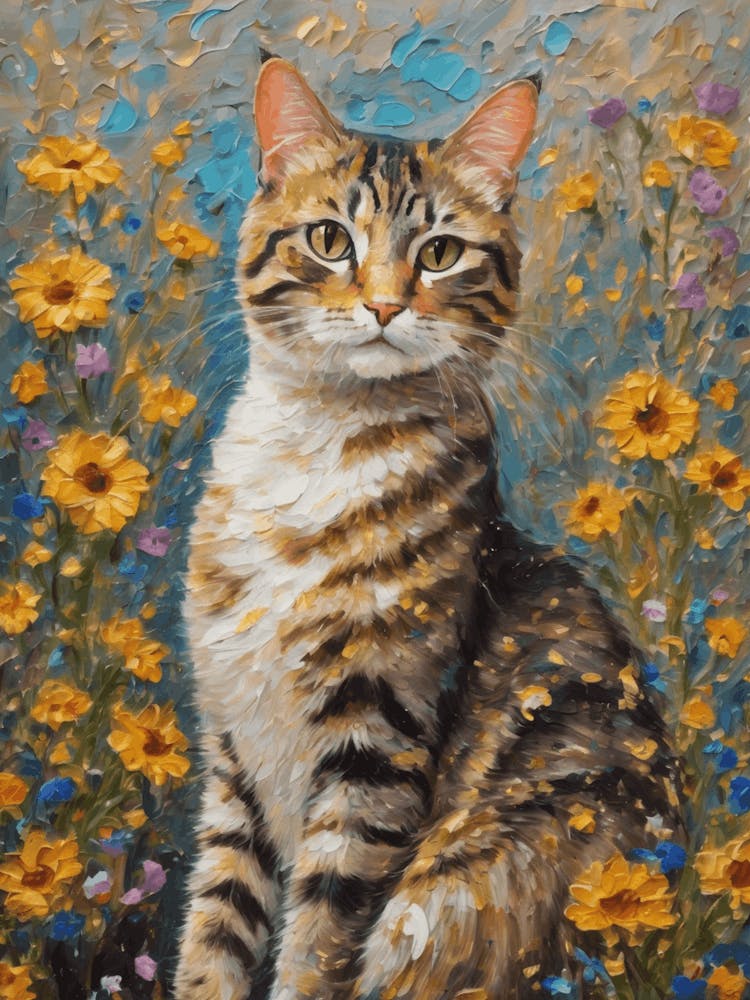 Klimt Style Tabby Cat in Garden Wild Flowers Painting - Gustav Klimt Money Waterlillies Acrylic Feature Gallery Wall HD