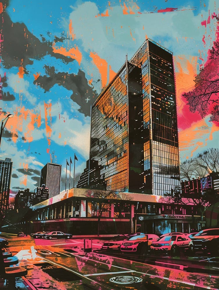 The United Nations Headquarters New York Bunte Siebdruck-Illustration 3