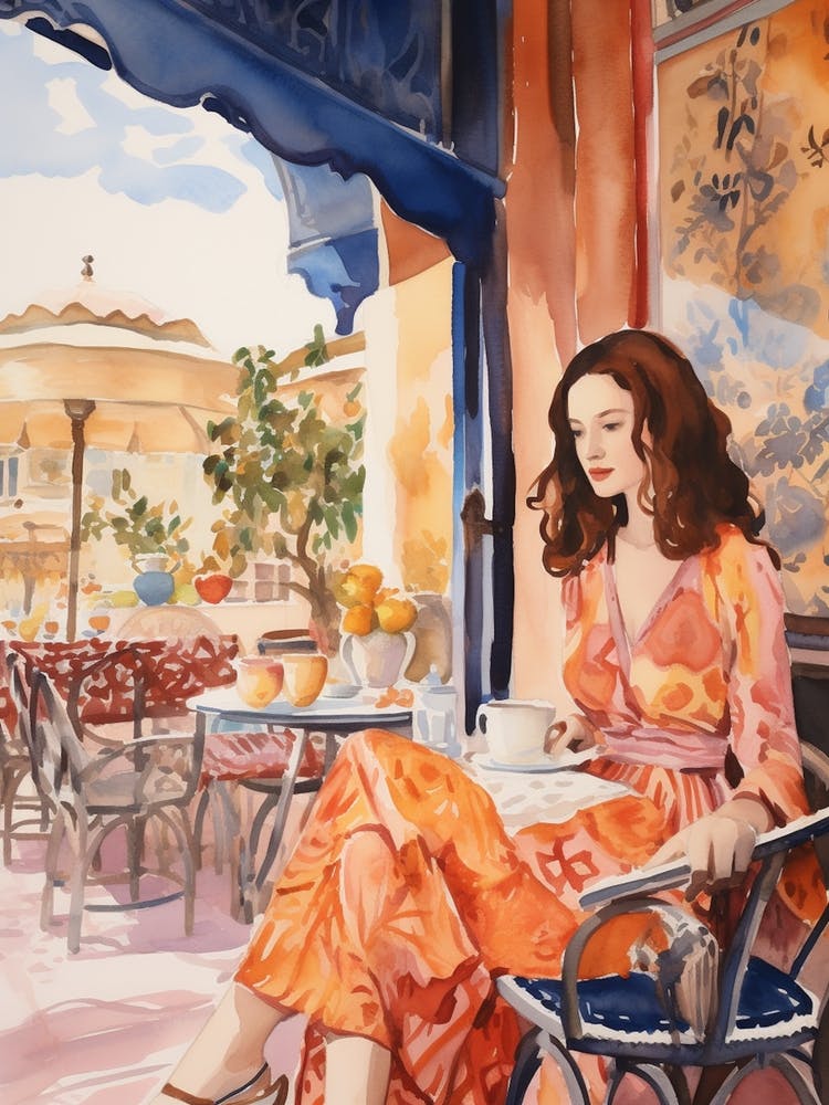At A Cafe In Marrakech Morocco Watercolour