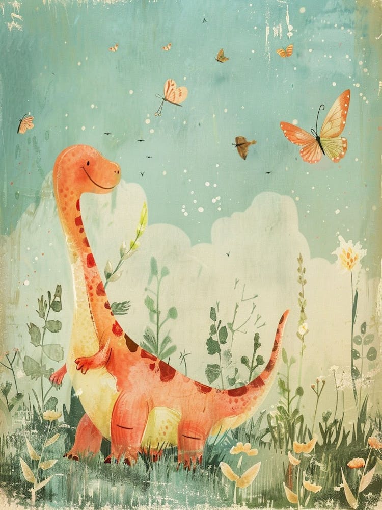 Dinosaurier spielt mit Schmetterlingen Märchenbuch-Stil