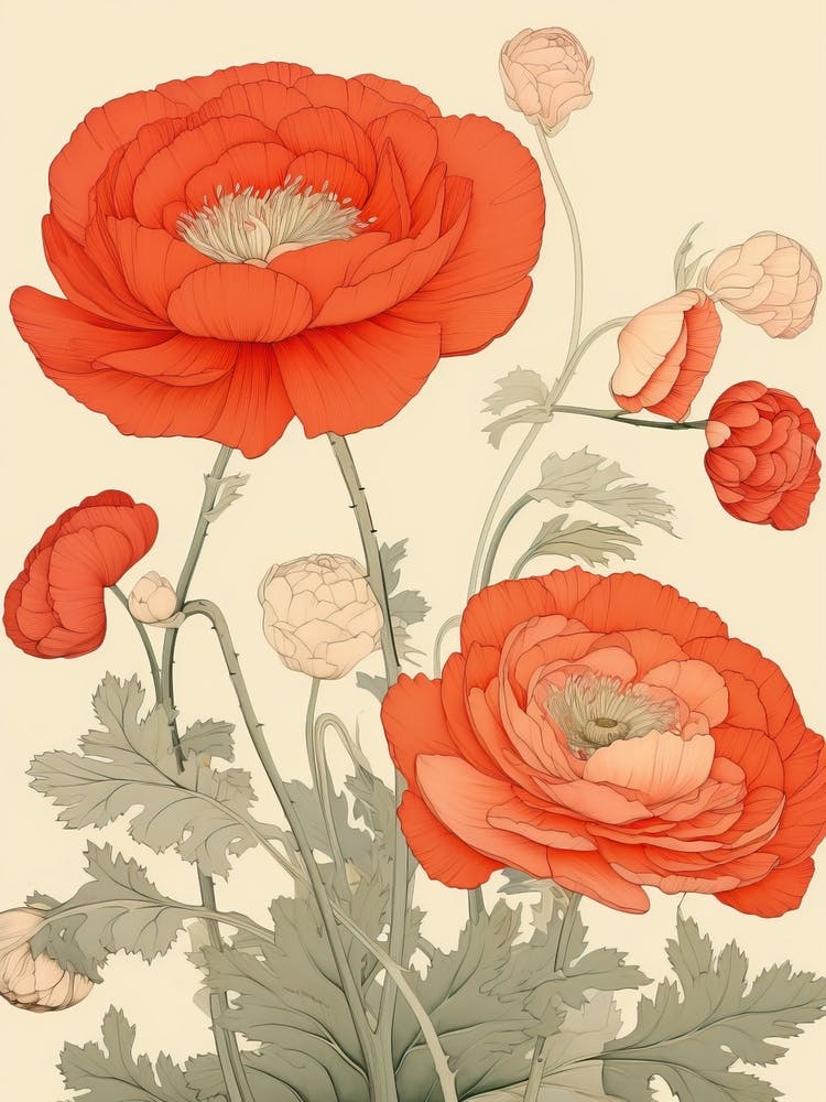 Great Wave With Ranunculus Flower Drawing In The Style Of Ukiyo E 3