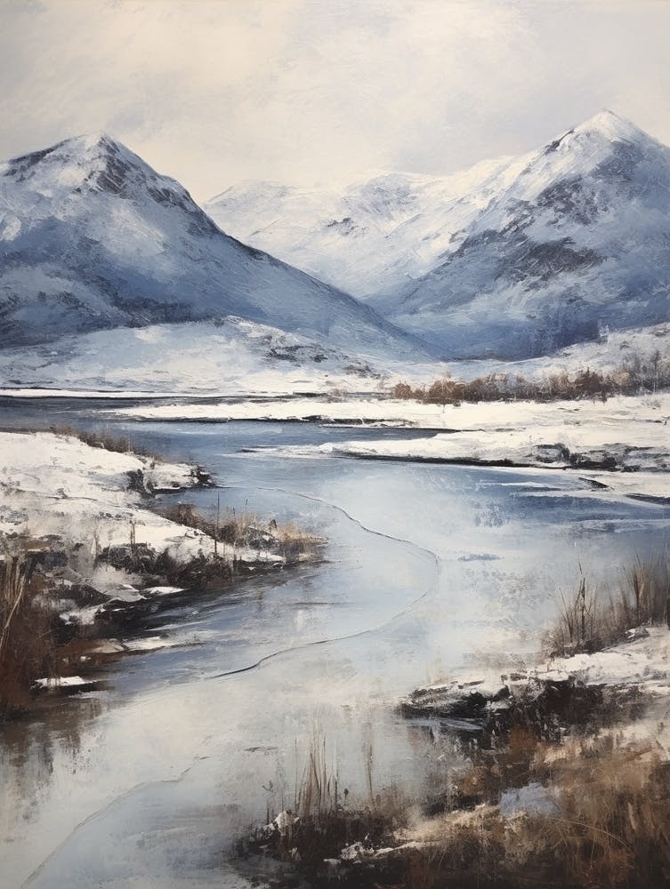 Vintage Winter Painting Lake District United Kingdom 1