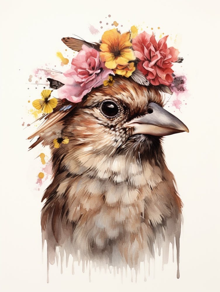 Bird With A Flower Crown House Sparrow 1