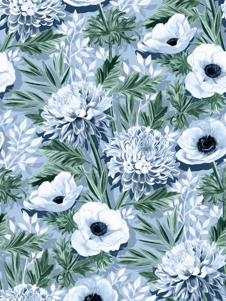 Chrysanthemums And Anemones In Blue And Green