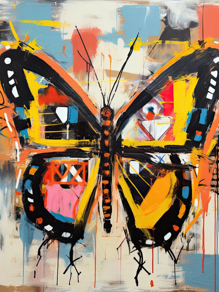 Butterfly pink, yellow in Basquiat's Style