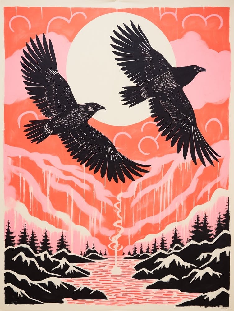 Vintage Japanese Inspired Bird Print Raven 3