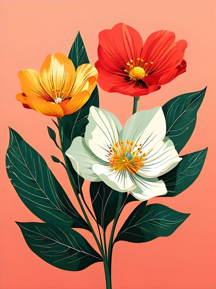 Three Flowers On A Pink Background
