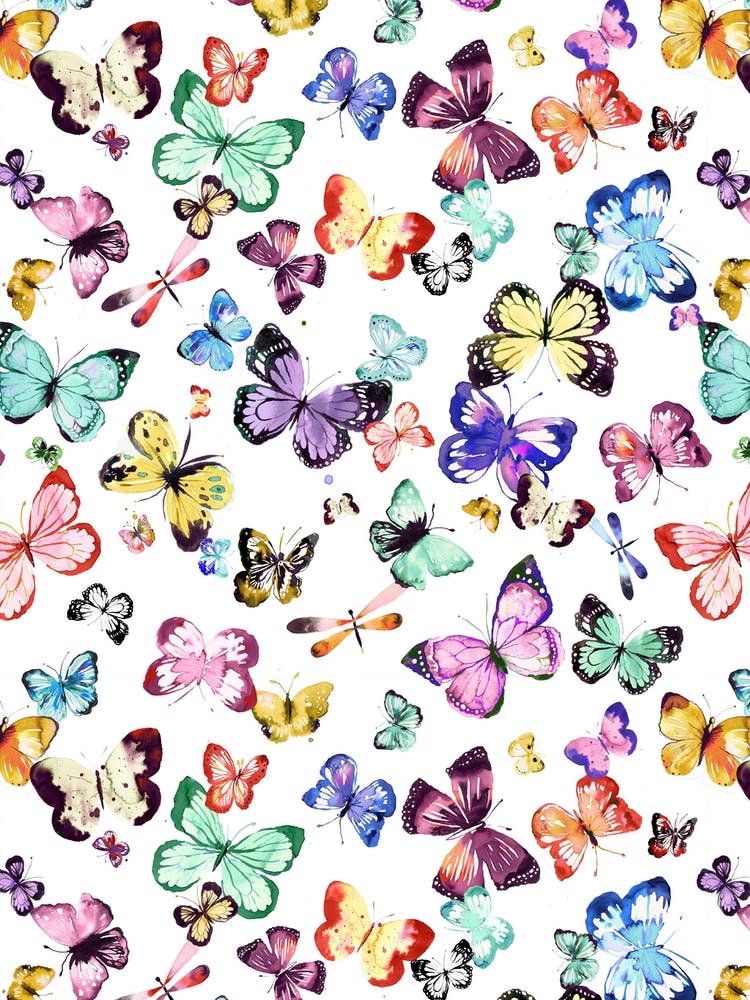 Watercolor Butterflies Multi White