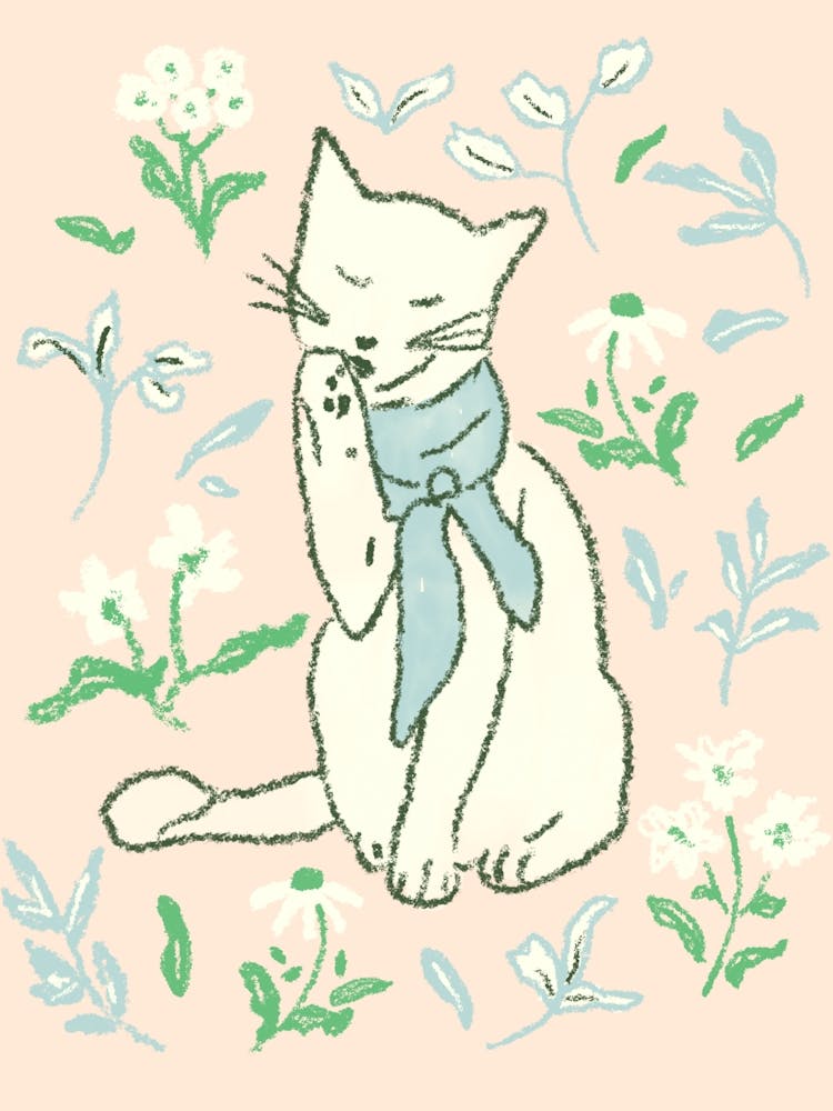 Cat Licking Paw in wildflowers