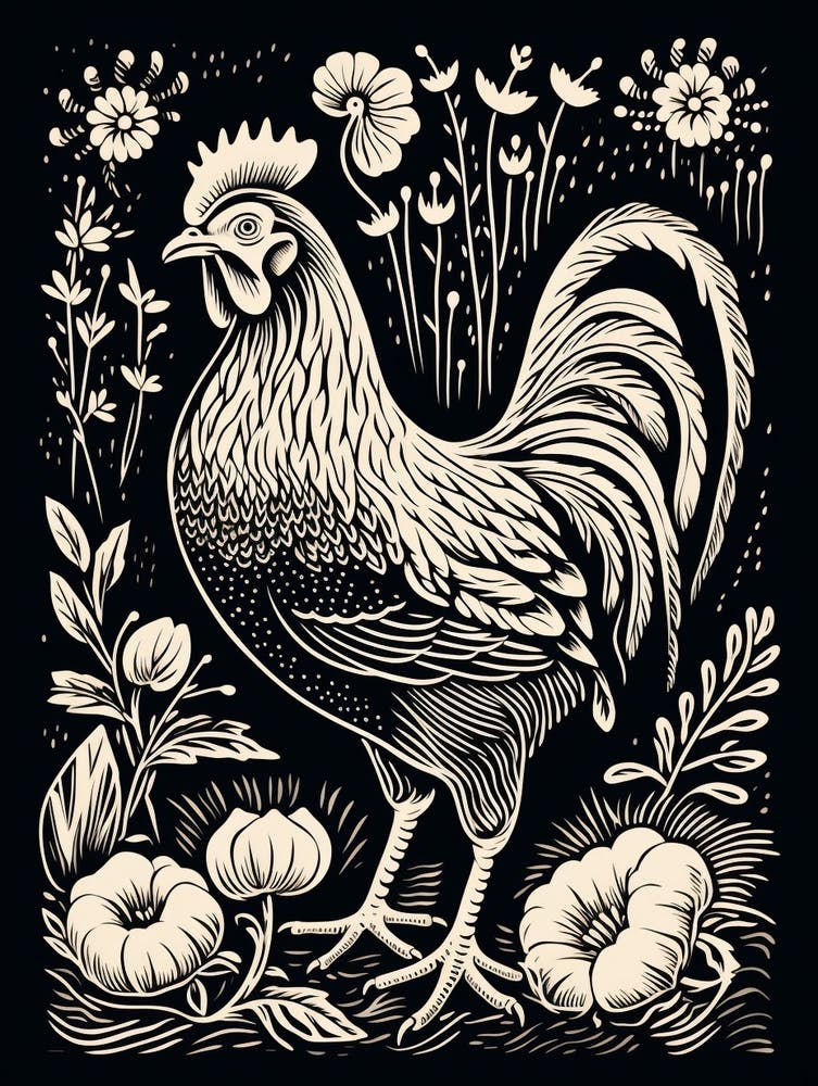 B&W Bird Linocut Chicken 1