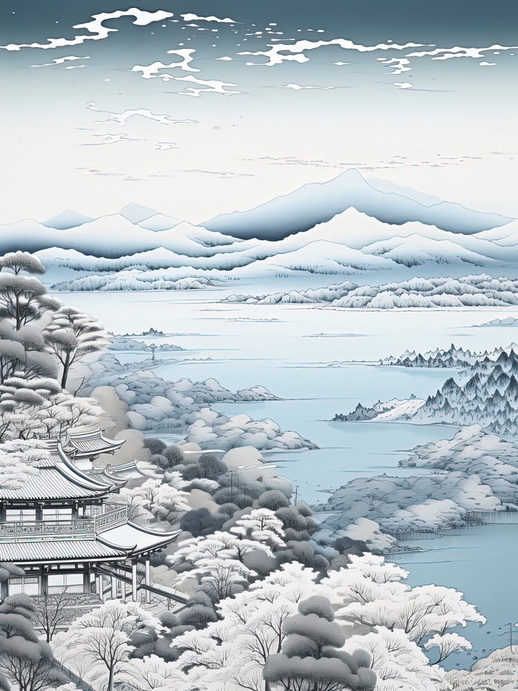 Amanohashidate In Kyoto, Ukiyo E Black And White Line Art Drawing 5