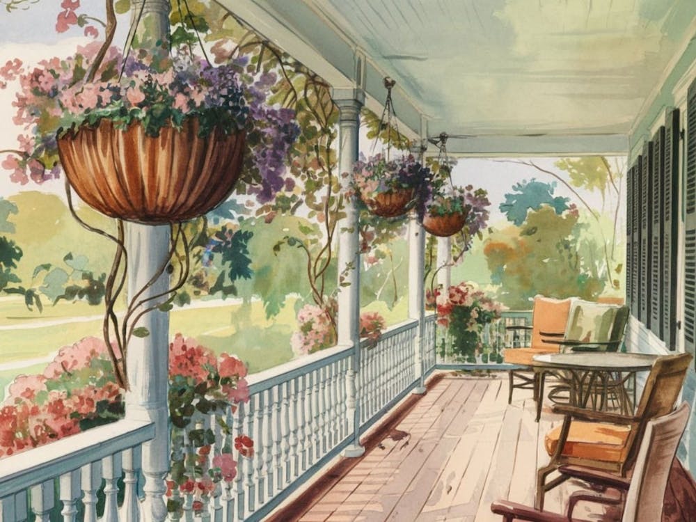 Charming Summer Porch with Hanging Flower Baskets and Cozy Seating