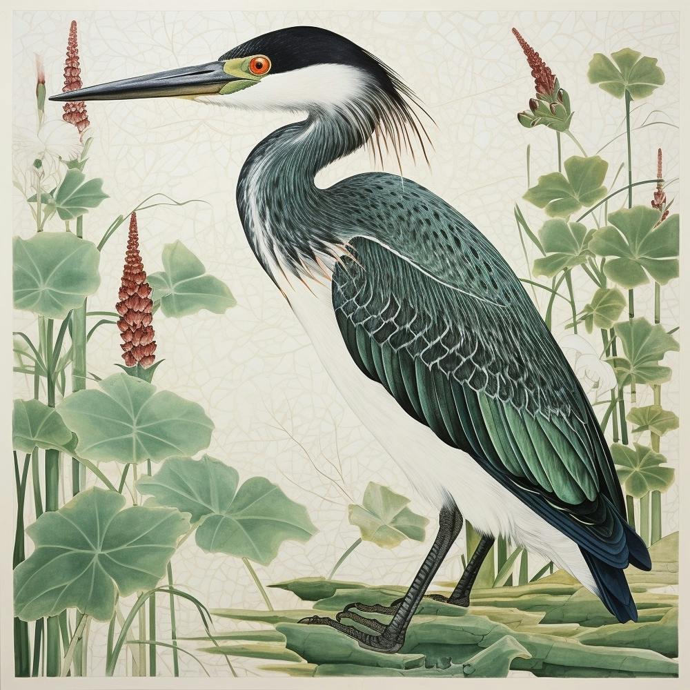 Ohara Koson Inspired Bird Painting Green Heron 4 Square