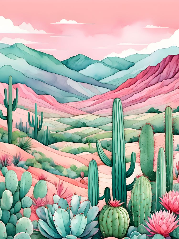 Watercolor Cactus Landscape