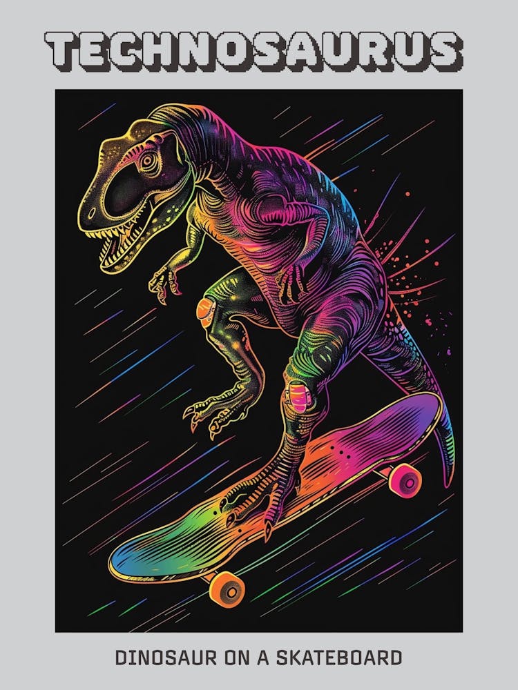Neon Dinosaur Line Illustration On A Skateboard 3 Poster