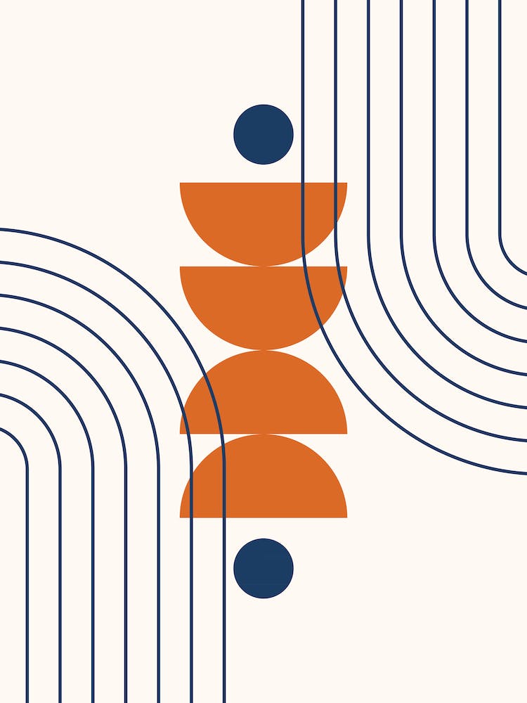 Mid Century Modern Geometric Abstract, Rainbow, Sun and Moon Phases, Scandinavian in Navy Blue Orange