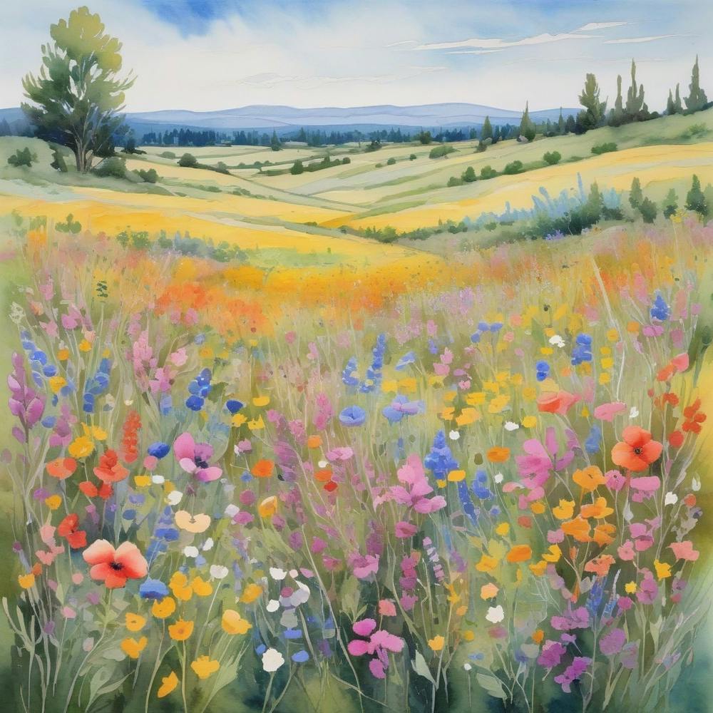 Multicolored Wildflowers Watercolor Field Drawing Summer 0