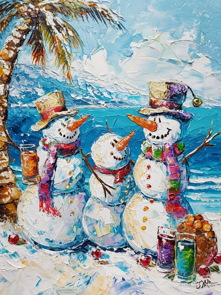 Snowmen On The Beach Painting 3