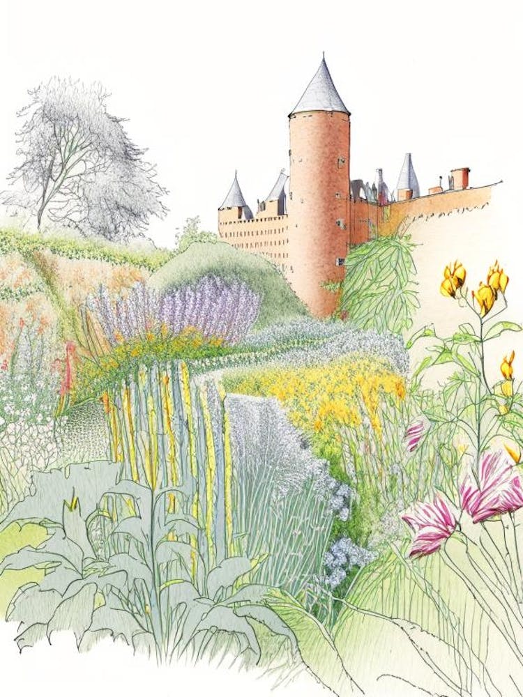 Sissinghurst Castle Garden, United Kingdom Vintage Pencil Drawing