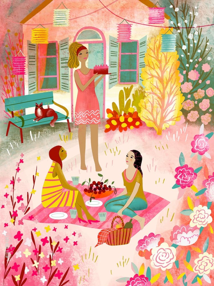 Summer Picnic Garden With Friends And Cherries