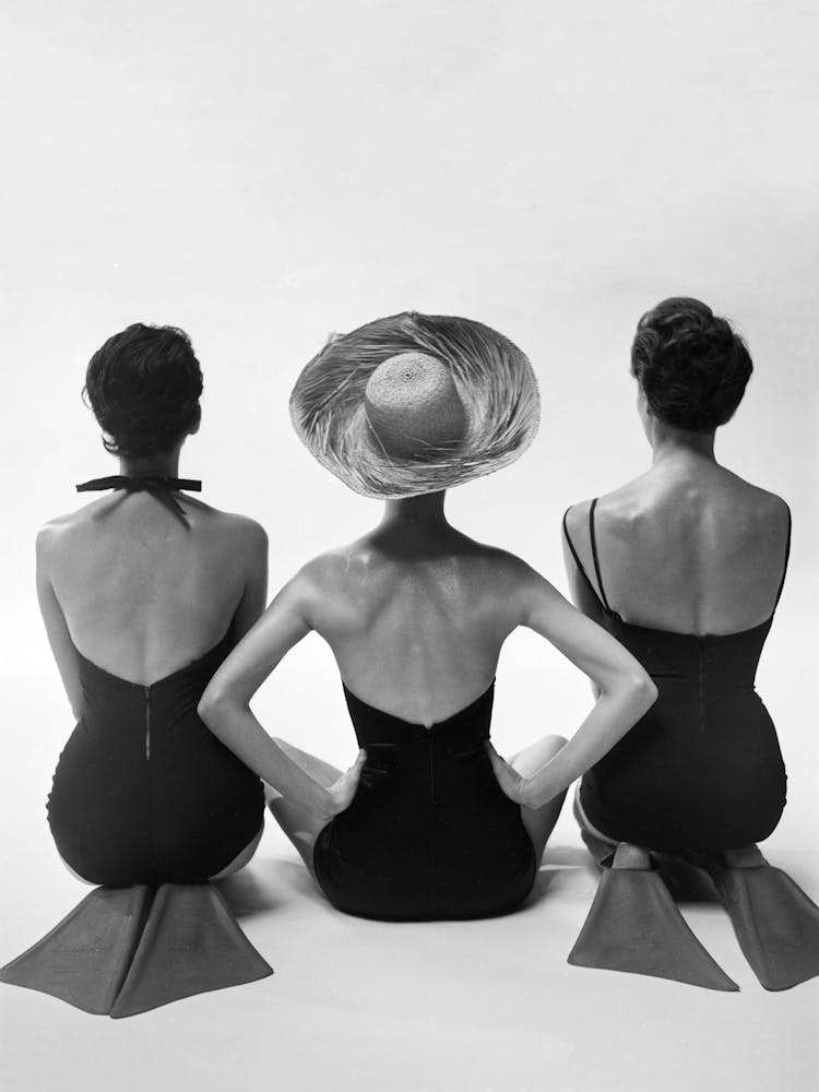 Three Women In Swimsuits, Vintage Black and White Old Photo                                                                    