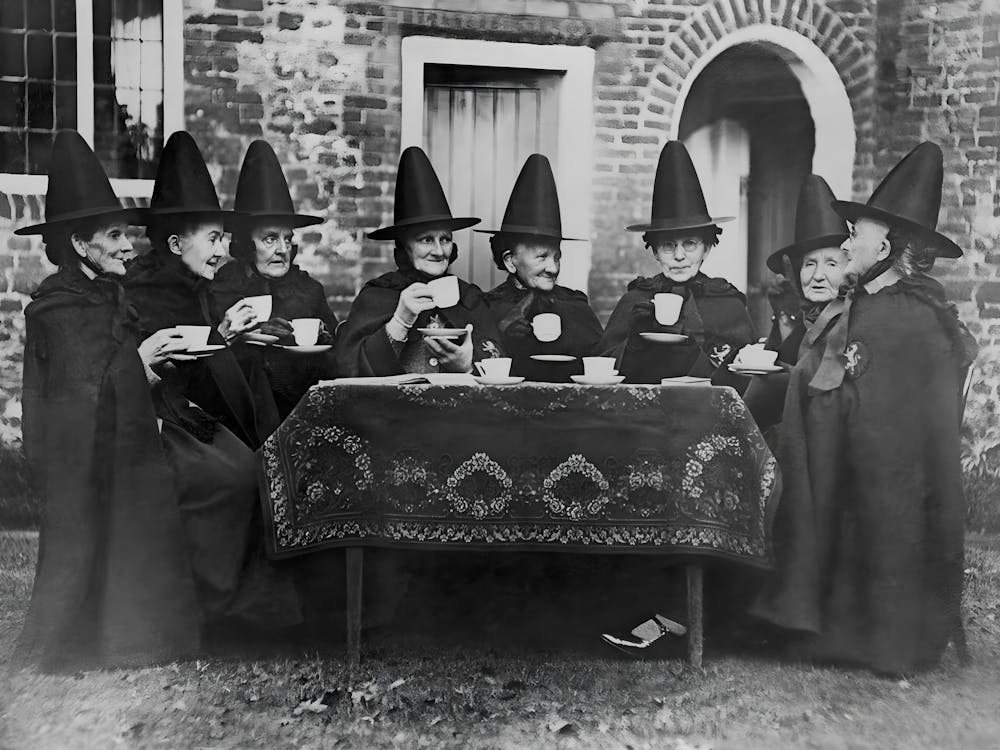 Witches At Tea Party, Vintage Black and White Old Photo