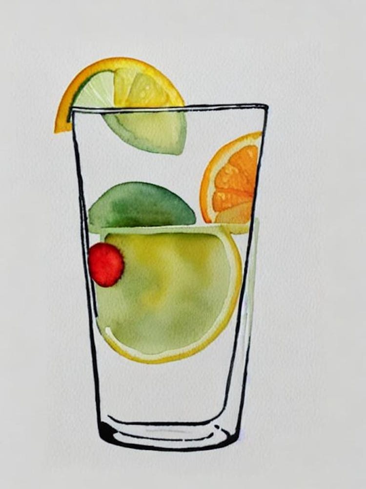 Tom Collins Dessin au Trait Minimaliste avec Affiche Cocktail à l'Aquarelle