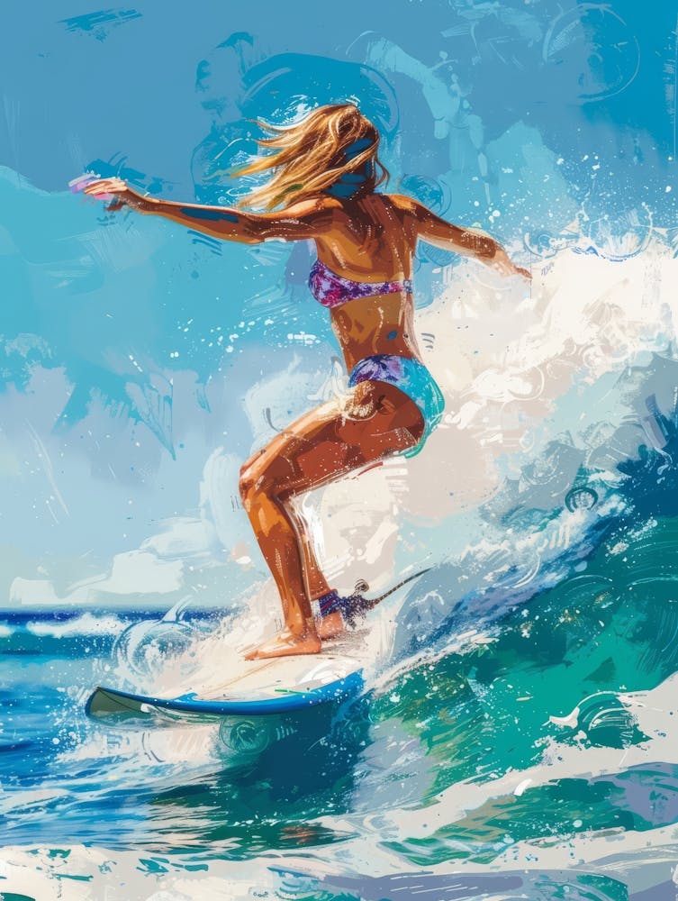 Girl In The Sea On The Waves Riding A Surfboard Painting In Pop Art Style 7