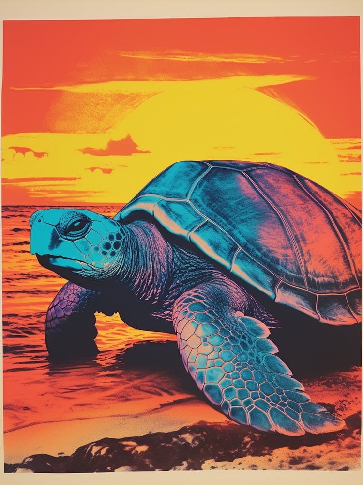 Sea Turtle On The Beach Risograph Inspired  1