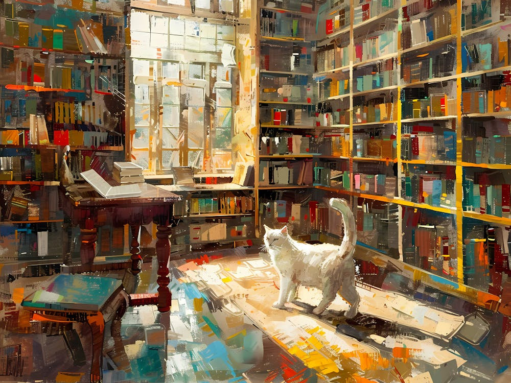 White Cat In The Library - In The Study Room