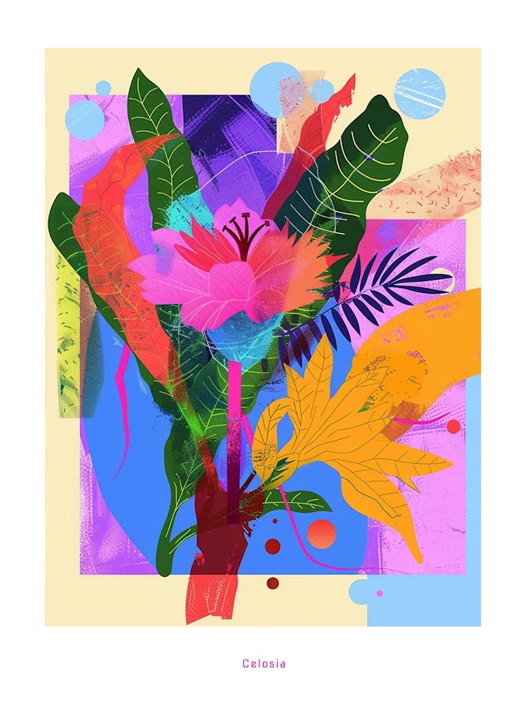 Celosia 2 Neon Flower Collage Poster