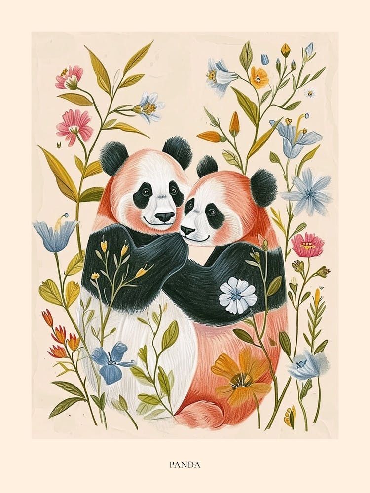 Folksy Floral Animal Drawing Panda Poster